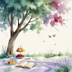 Peaceful Picnic Under Tree with Fruit and Book