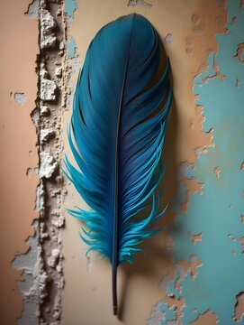 A vibrant feather rests against a weathered wall, contrasting decay with beauty