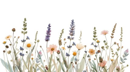 Botanical watercolor illustration of wildflowers and herbs