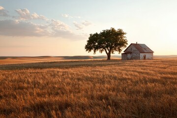 Tranquil sunset at an isolated farm in golden fields rural landscape natural wonder vast environment serene view peaceful concept