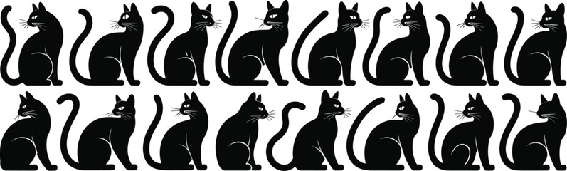 Collection of black cat silhouettes in various sitting poses, perfect for cat lovers, vector design for illustrations and decorations flat vector illustration