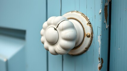 A closeup of a cracked white door knob on a vintage blue door, showcasing unique details and textures.