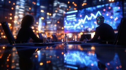 In a modern office, young adult male and female analyze stock market trends on digital screens, surrounded by city lights at night. Robotics and automation