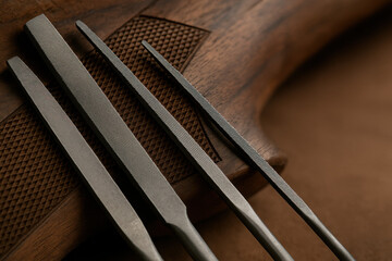 Precision Instruments: A close-up shot of precision instruments arranged on a wooden surface, highlighting the craftsmanship and the subtle textures and detail in the equipment.