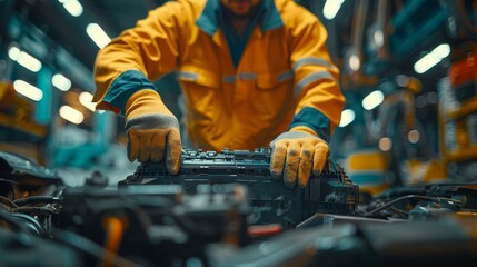 A focused mechanic in work gloves is diligently repairing an engine in a workshop, emphasizing the skill, dedication, and craftsmanship involved in automotive maintenance and repair.