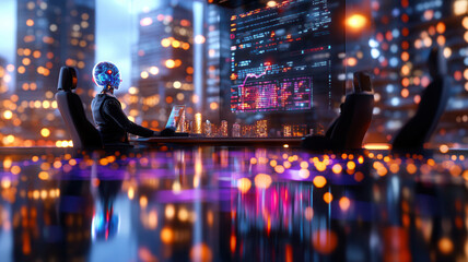 Futuristic artificial intelligence robot analyzing data in neon-lit office with city skyline reflections at night. Robotics and automation
