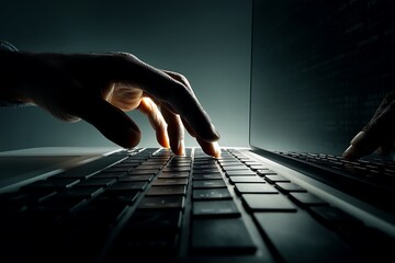 Mysterious Hands Typing on Laptop Keyboard in Dark Atmosphere, Cyber Security Concept