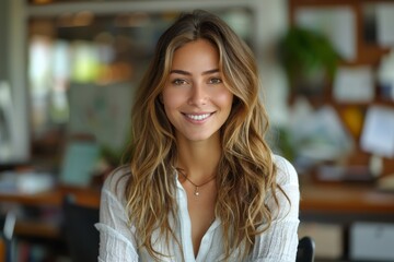 Obraz premium A joyful woman with a bright smile seated in a cozy, modern workspace, radiating positivity and professionalism in an inspiring environment full of creativity and warmth.