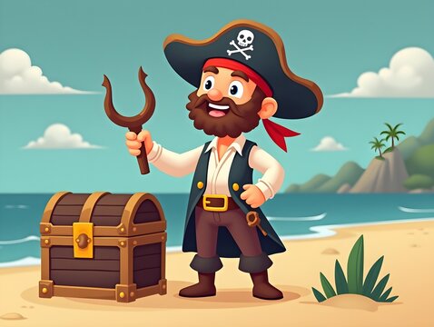 Pirate character with a hook hand standing next to a treasure chest in flat art