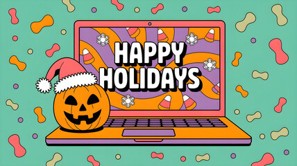 A playful "Happy Holidays" message on a laptop screen featuring candy corn and snowflakes, with a Santa hat-wearing jack-o'-lantern