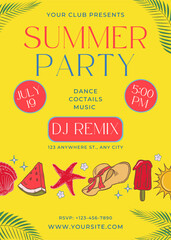 Summer party template poster invitation. Watermelon, sun, popsicle. Summer design vector illustration background, banner, flyer.