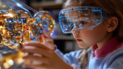 Curious caucasian young girl explores futuristic holographic interface while interacting with transparent gadget, sparking wonder and innovation. Robotics and automation