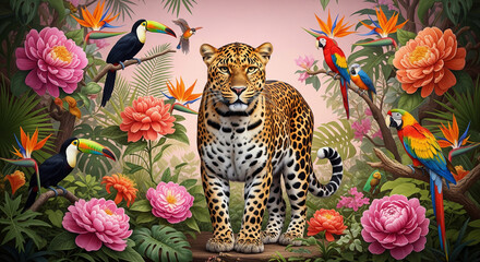 Vibrant jungle scene with a leopard surrounded by tropical flowers, lush foliage, and exotic birds against a soft pink gradient background