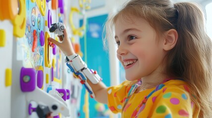 Young caucasian girl with prosthetic arm cheerfully engages with an interactive learning board in a colorful playroom for imaginative development. Robotics and automation
