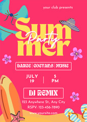 Summer party template poster invitation. Swimsuit, surfboard, flip flops. Summer design vector illustration background, banner, flyer.