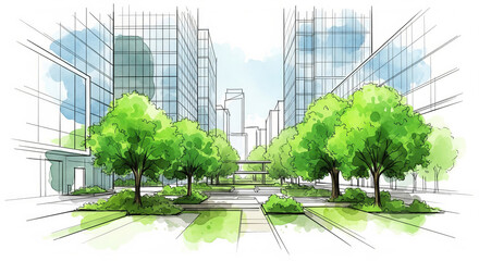 Sketch-style watercolor illustration of a green tree-lined urban pathway flanked by modern glass buildings blending nature and cityscape