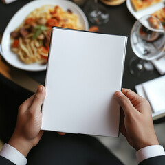 POV view, front views, blank menu, restaurant menu in the mans hands, mockup view