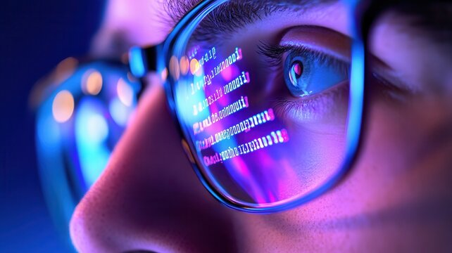 Close-up of reflective glasses on young caucasian male showing colorful computer code amidst intense blue ambient light environment. Robotics and automation