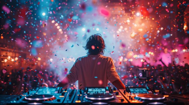 A DJ commanding the stage at a vibrant music festival, surrounded by colorful confetti and an enthusiastic crowd, encapsulating the spirit of live music and celebration.