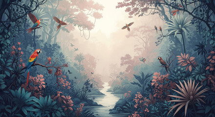 Misty Tropical Jungle with Vibrant Parrots and Serene Flowing River in Lush Greenery