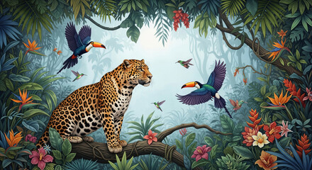 Vibrant tropical jungle with a leopard resting on a tree branch surrounded by colorful birds and lush green foliage