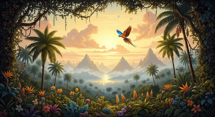 Vibrant tropical jungle landscape at sunrise with lush foliage, colorful flowers, palm trees, misty mountains, and a soaring parrot in warm golden light