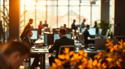 Modern office interior blurred background business people working space team
