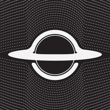 Vector minimalist logo with black hole or planet with rings and gravity waves on the theme of space, astronomy, astrophysics and universe. T-shirt design, logo, label. Not used aI