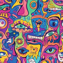 Obraz premium Trippy 60s hippie style psychedelic seamless pattern.Vector crazy doodle character illustration.Smile groovy faces,geometry seamless pattern vintage wallpaper print art concept