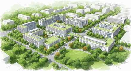Modern sustainable office campus with green roofs and landscaped open spaces surrounded by trees and pathways