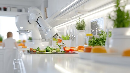 Futuristic kitchen with robotic arm preparing vegetables in bright modern space with white cabinets and fresh greenery. Robotics and automation
