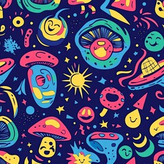 Space trippy 60s style psychedelic geometry seamless pattern art.Vector crazy illustration.Smile emoji face,magic mushrooms,space,techno,acid,smiley style seamless pattern wallpaper print concept
