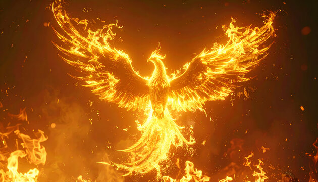 majestic golden phoenix rising from blazing fire with glowing feathers and powerful wings in dark fantasy atmosphere for mythological and epic concept
