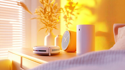 Morning sunlight illuminates cozy bedroom scene with robot vacuum, smart speaker, and minimalist decor in warm golden tones. Robotics and automation