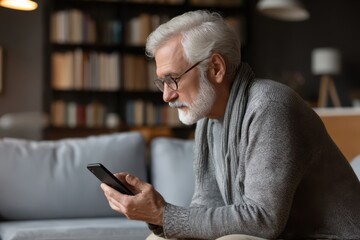 Obraz premium A person exhibiting poor sitting posture on a couch while looking at a cell phone with a book and a chair in the background.