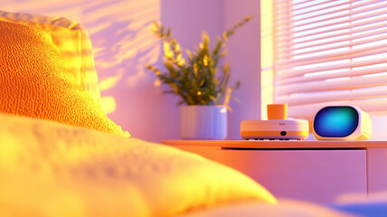 Cozy bedroom in warm sunset glow features modern technology with smart speaker and vibrant plant on elegant wooden nightstand. Robotics and automation