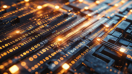 Illuminated binary code circuitry representing digital data and technological information