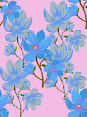 Elegant blue and gray flowers bloom across a soft pink background. A stylish floral pattern ideal for fashion, stationery, packaging, and digital designs with a touch of charm.