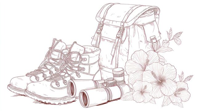 Adventure Gear: Backpack, Boots, Binoculars, and Hibiscus
