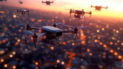 A fleet of advanced drones in flight over a vibrant cityscape during sunset showcases technology innovation and aerial excellence. Robotics and automation