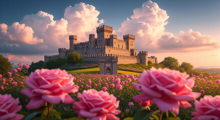 Majestic medieval castle on hilltop surrounded by blooming pink rose fields under soft golden sunlight and partly cloudy sky