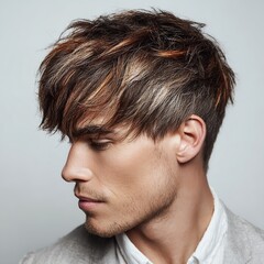 Obraz premium Mens hairstyle trends stylish haircut for men with highlights and textured fringe modern hairstyle guide