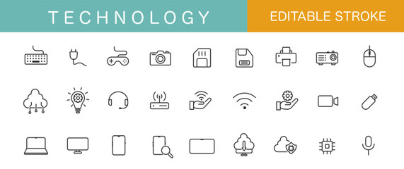 Minimalist - Linear Icons of Technology. Set collections. Editable stroke. Simple design. Vector illustration. EPS 10