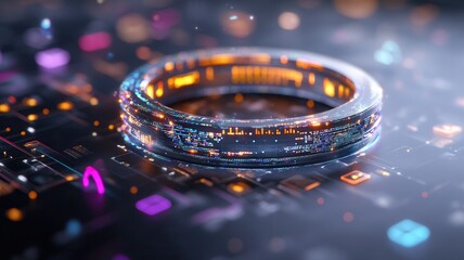 Futuristic neon digital circuit ring with glowing lights on a complex circuit board surface in a sci-fi technology theme. Robotics and automation