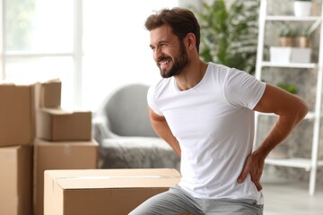 A person experiencing lower back pain while lifting a box. No other visual elements are present in the image.