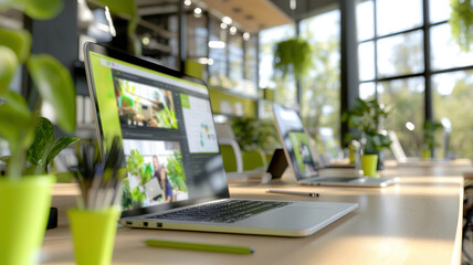 Bright, modern office space with green accents, featuring laptops and potted plants on a wooden desk in sunlit environment. Robotics and automation