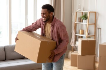 A man is shown experiencing lower back pain while lifting a box in a living room with a couch, potted plant, suitcase, TV, cup, and bottle.