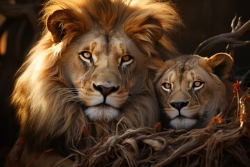 Fototapeta premium A powerful male lion and a serene female lioness sit together, exuding strength and tenderness in their natural habitat under soft natural light.