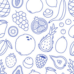 Seamless pattern with cute outline fruits and berries. Doodle print for banner, wallpaper, textile, wrapping paper, background, cards. Vector illustration in flat style
