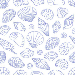 Seamless pattern with cute outline sea shells. Doodle print for banner, wallpaper, textile, wrapping paper, background, cards. Vector illustration in flat style